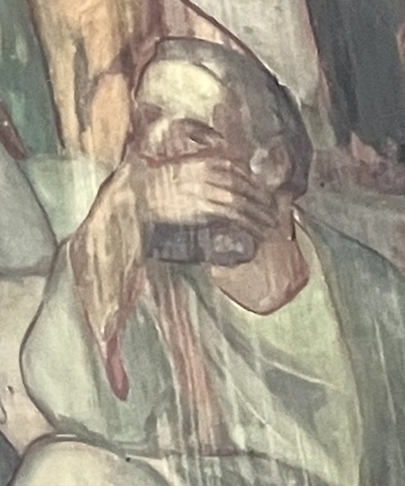 Man with his hand over his mouth. From a fresco in the cathedral in Vidin, Bulgaria